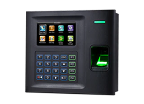 Wall-mounted biometric terminal featuring a color display, numeric keypad, and illuminated fingerprint scanner for employee time tracking.