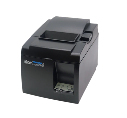 Black thermal receipt printer with a front-loading paper compartment and top receipt slot, shown at an angled perspective on a light background.