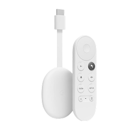 White Google TV streaming device with HDMI connector and matching remote control featuring navigation, voice, and shortcut buttons.