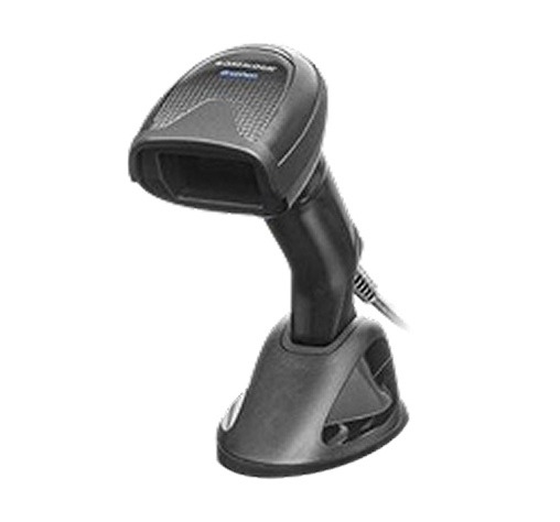 Handheld barcode scanner with charging stand designed for fast, accurate product scanning in retail and inventory environments.