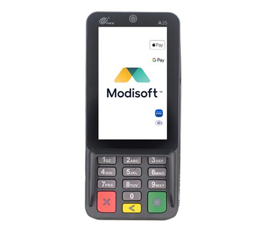 Compact handheld payment terminal featuring a color touchscreen, numeric keypad, contactless payment support, and integrated card processing capabilities.