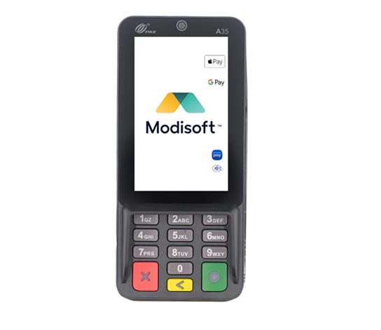 Secure payment terminal with touchscreen display, numeric keypad, and contactless capabilities designed for fast in-store transaction processing.