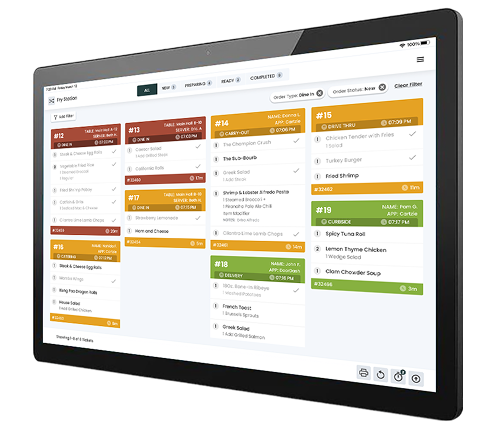 Kitchen display touchscreen showing active food orders, preparation status, ticket details, and color-coded workflow management for restaurant staff.