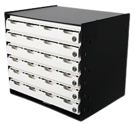 Black lottery ticket dispenser featuring six lockable display compartments, designed to organize, secure, and dispense lottery ticket inventory.