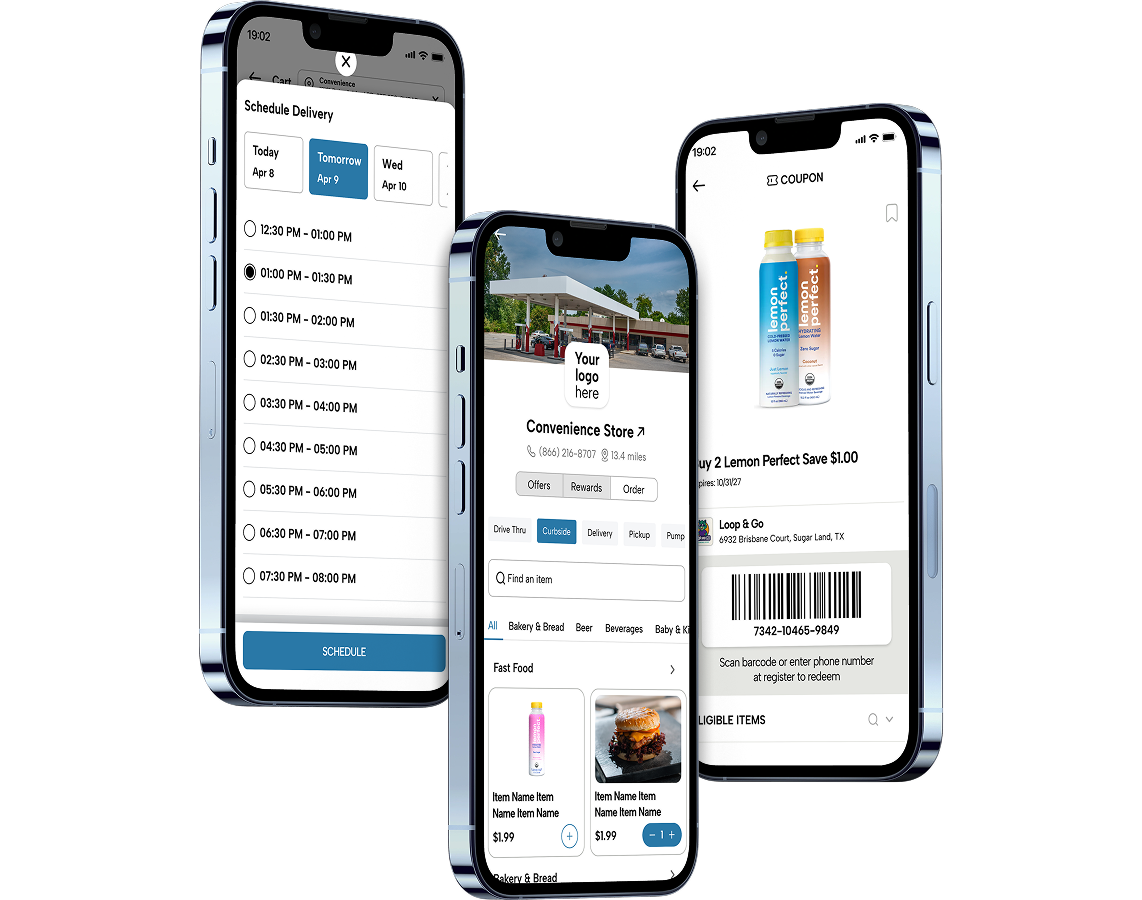 Three smartphones displaying a branded mobile app with coupon scheduling, digital rewards, barcode redemption, menu browsing, and loyalty features.