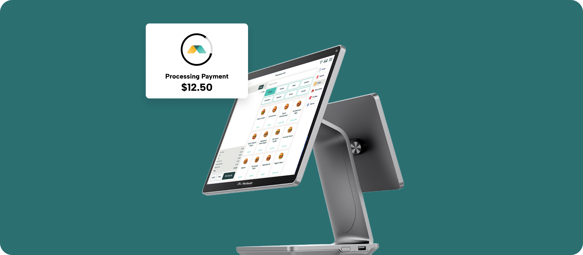 Modisoft point of sale terminal displaying a payment processing screen with product menu options and a completed transaction amount.