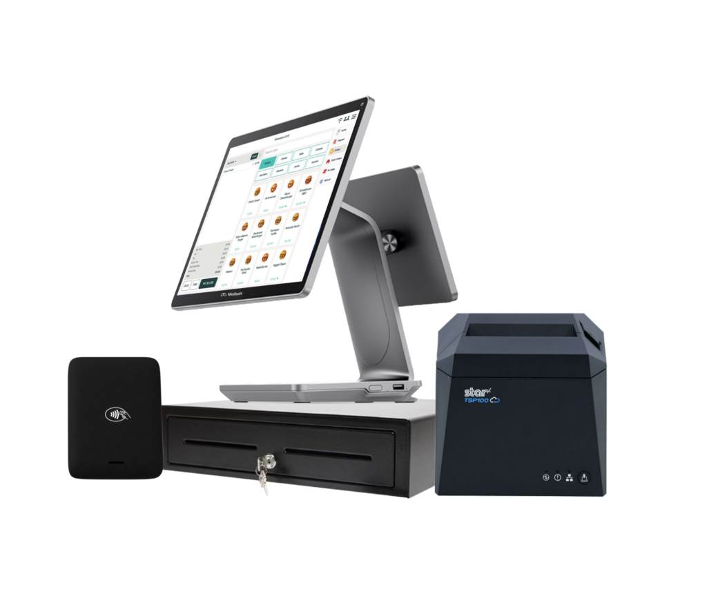 Modisoft point of sale hardware bundle featuring touchscreen terminal, cash drawer, receipt printer, and payment processing device.