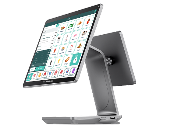 Modisoft point of sale terminal showcasing touchscreen software product categories, transaction tools, and inventory management controls.
