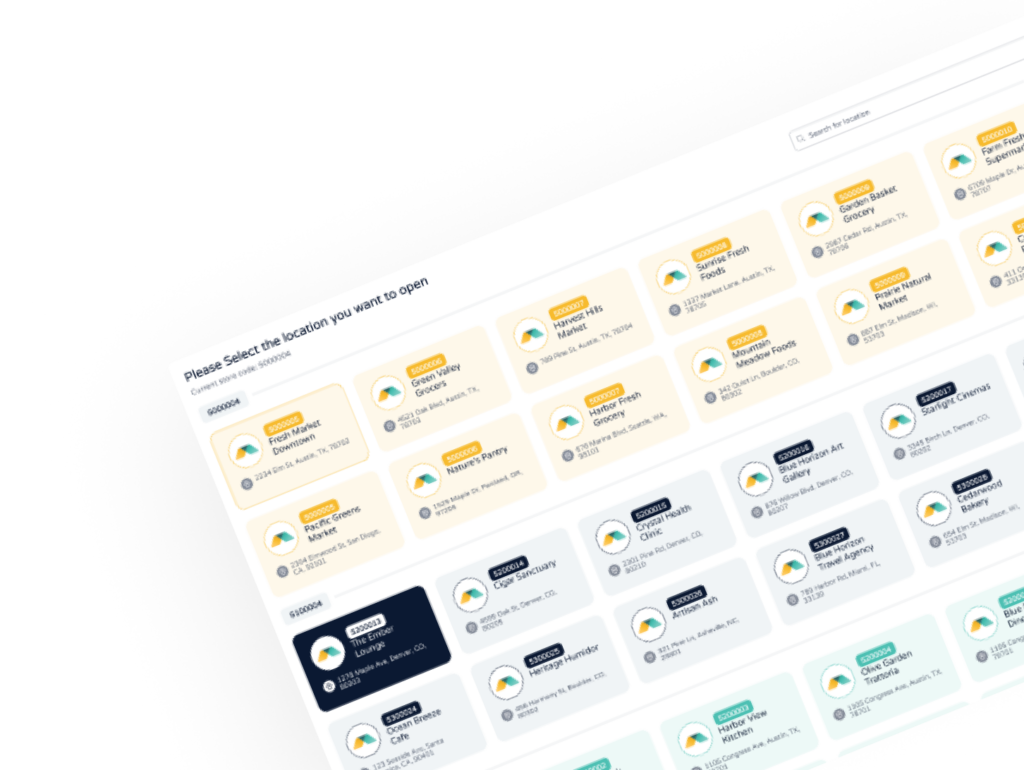 Multi-location management dashboard displaying business locations, performance metrics, status indicators, and operational insights across multiple stores and regions.