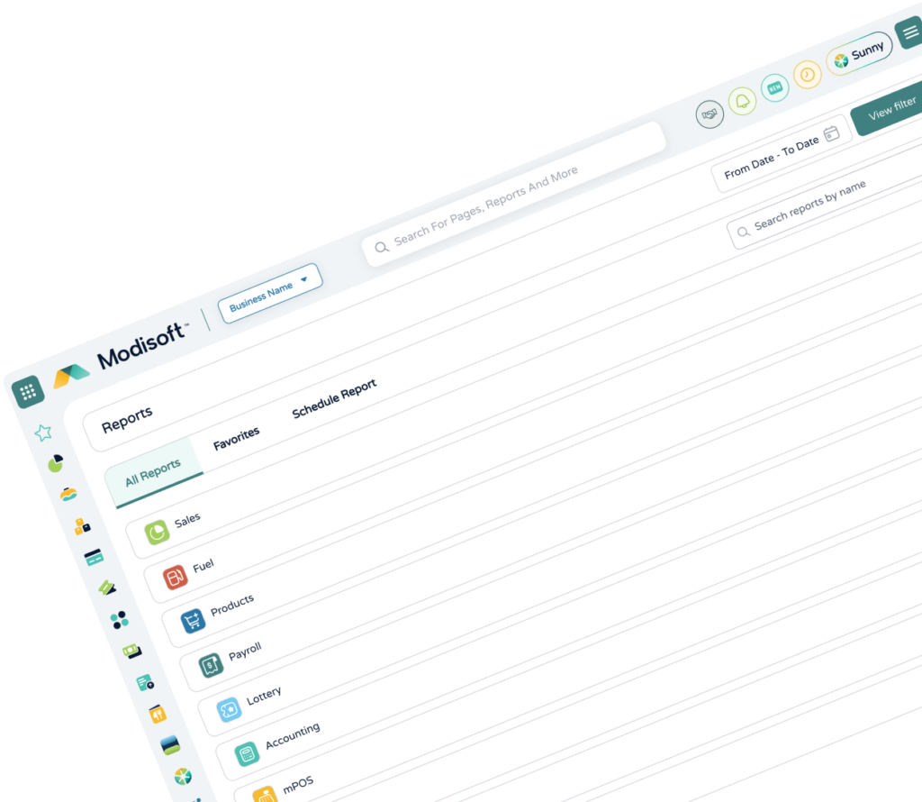 Reports Center interface displaying centralized reporting tools, organized report categories, searchable records, and business analytics resources in one location.