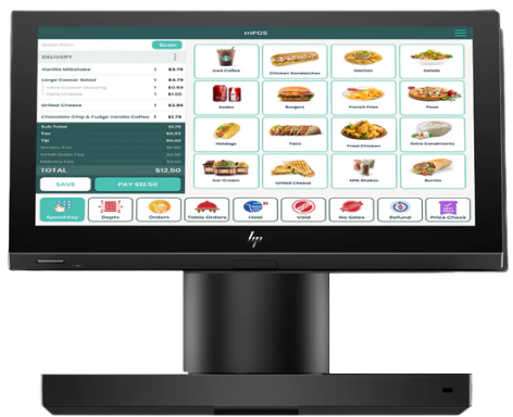Black touchscreen point of sale monitor displaying restaurant menu items, order management features, and payment controls.