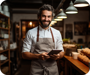 Person in apron holding a tablet in a warmly lit café, with wooden shelves and hanging lights.