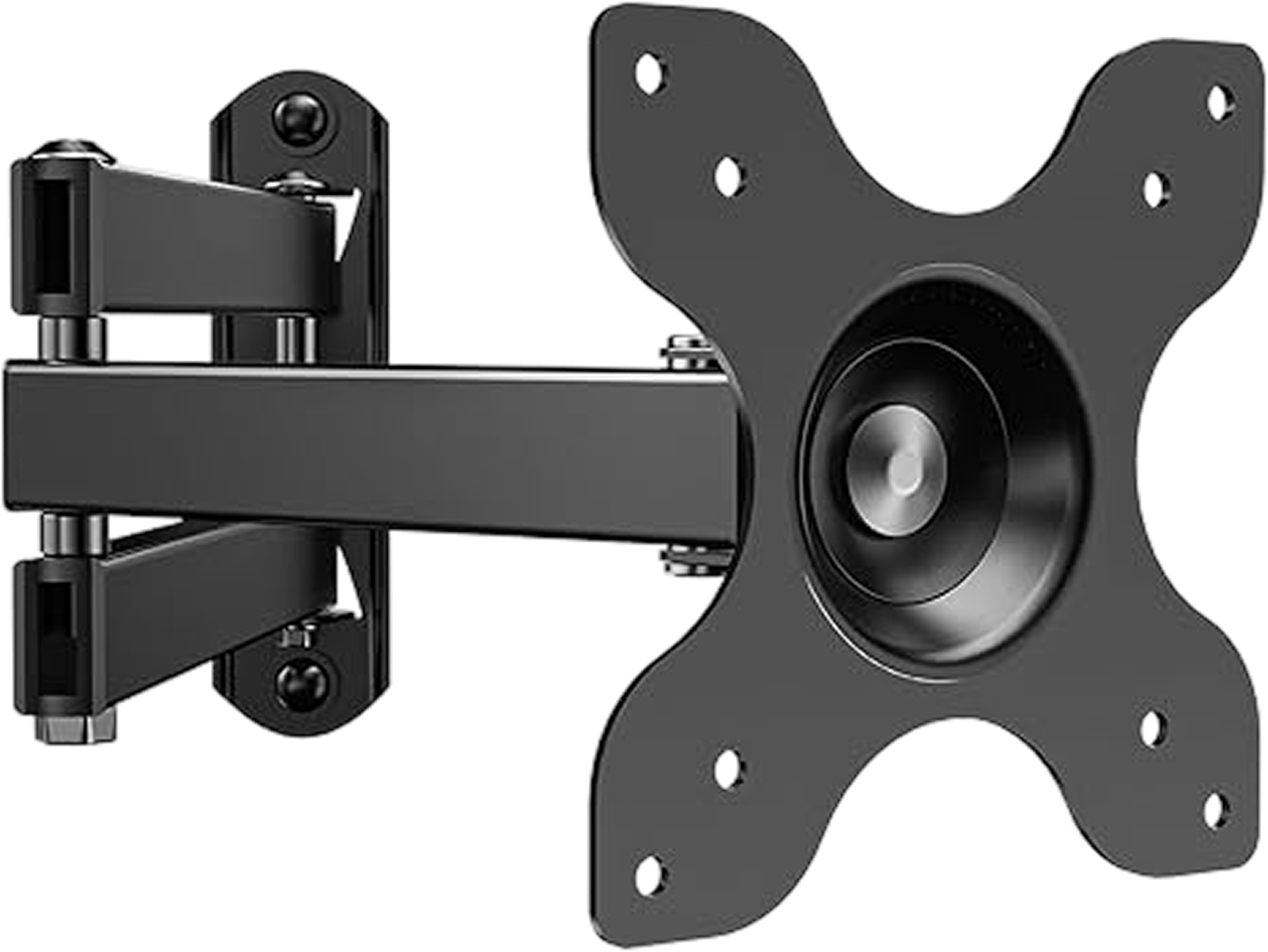 Black articulating wall mount bracket with adjustable arm and VESA plate, designed to securely support monitors or touchscreen displays.