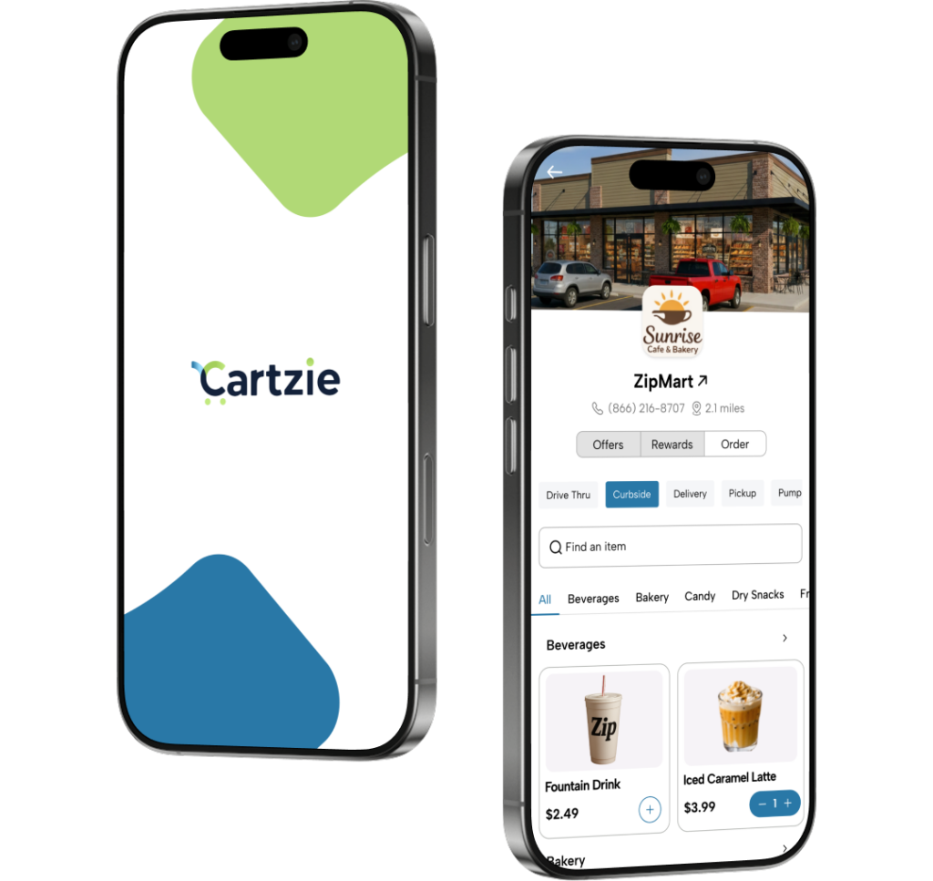 Cartzie mobile ordering app displaying store information, rewards, ordering options, beverage menu items, and curbside pickup features across smartphone screens.