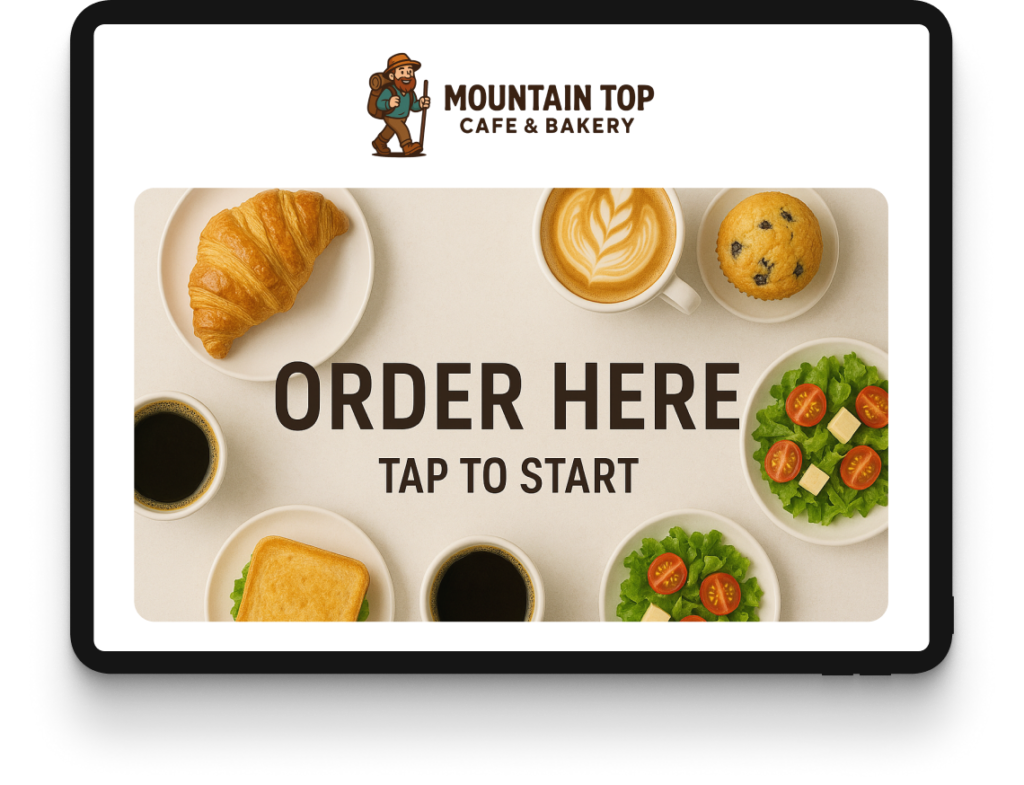Self-service ordering kiosk displaying bakery menu items, beverages, pastries, and a customer ordering interface with “Order Here” and “Tap to Start” prompts.