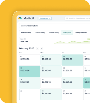 Digital lottery analytics dashboard showing lottery sales performance, revenue tracking, and operational metrics.