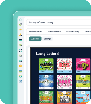 Digital lottery management dashboard displaying lottery game setup, ticket options, and lottery administration tools.