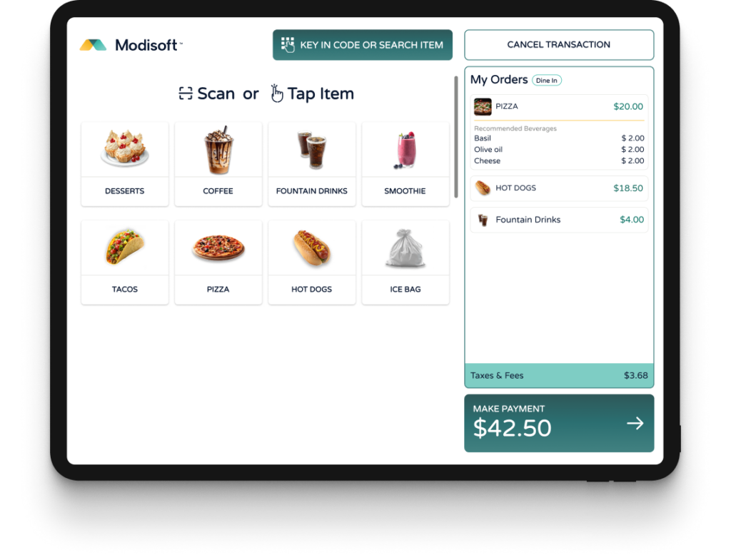 Self-service ordering screen displaying menu categories, item selection options, customer order details, taxes, fees, and payment total.