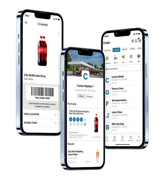 Mobile online ordering app displaying store locations, coupon offers, rewards, menu browsing, and pickup ordering options across multiple smartphone screens.