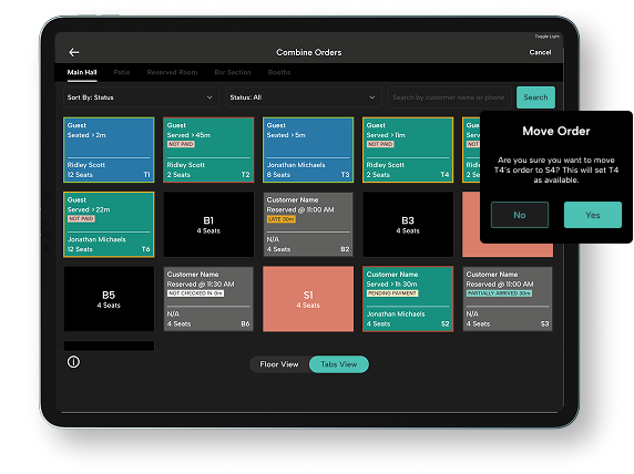 Table management dashboard displaying guest seating, table assignments, order status, and floor plan views for fast food operations.