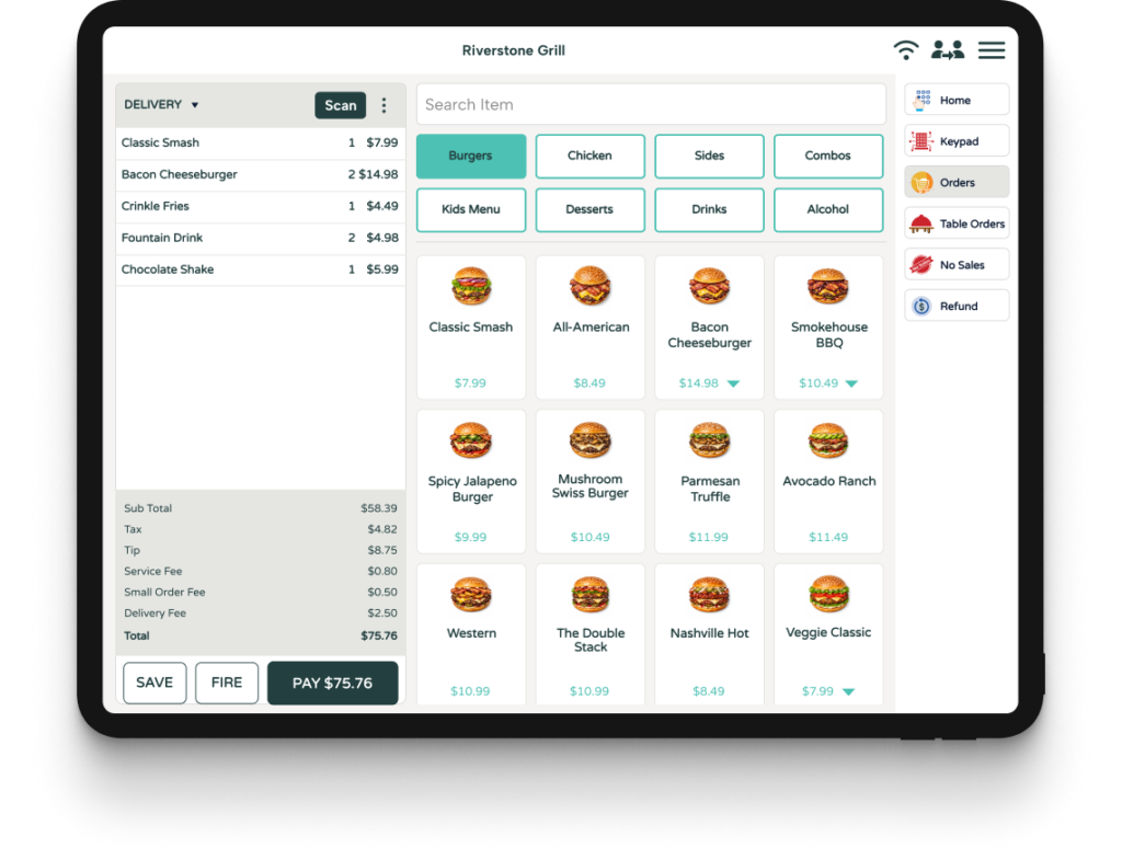 Food truck POS ordering screen displaying menu categories, burger menu items, order details, delivery information, and payment totals.