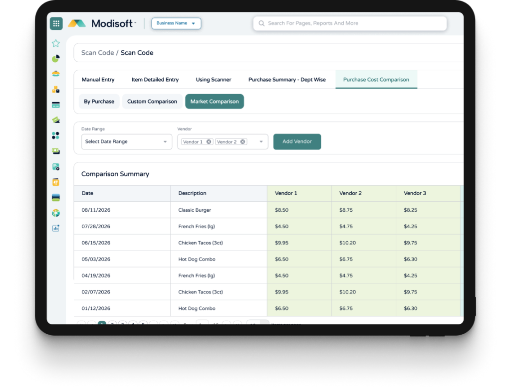 Purchase cost comparison dashboard displaying vendor pricing comparisons, product costs, market comparisons, and purchasing analysis data.