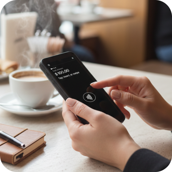 Person holding a Modisoft handheld mobile payment device displaying a $100 transaction amount and contactless payment option beside a cup of coffee.