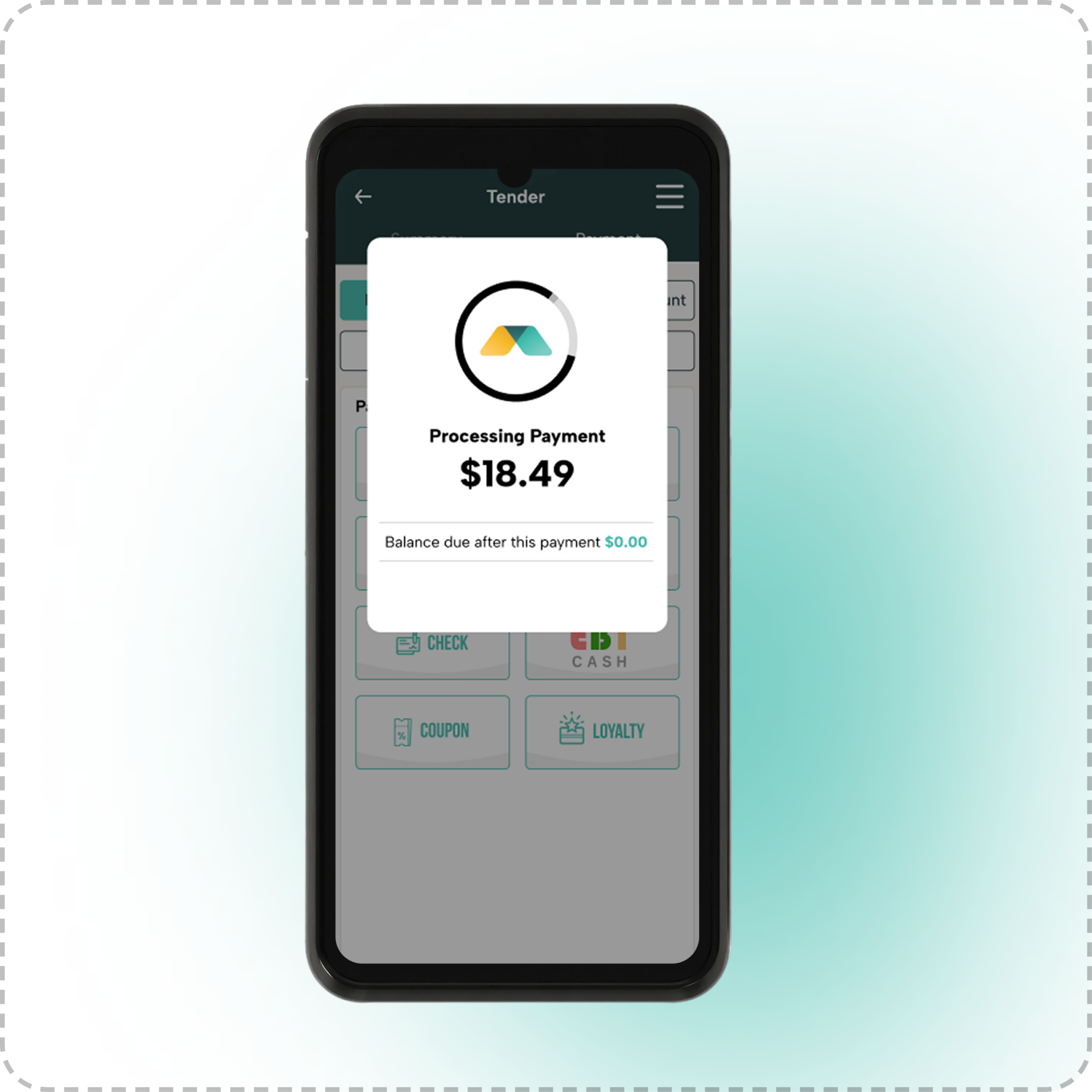Modisoft handheld payment device displaying a payment processing notification for an $18.49 transaction.