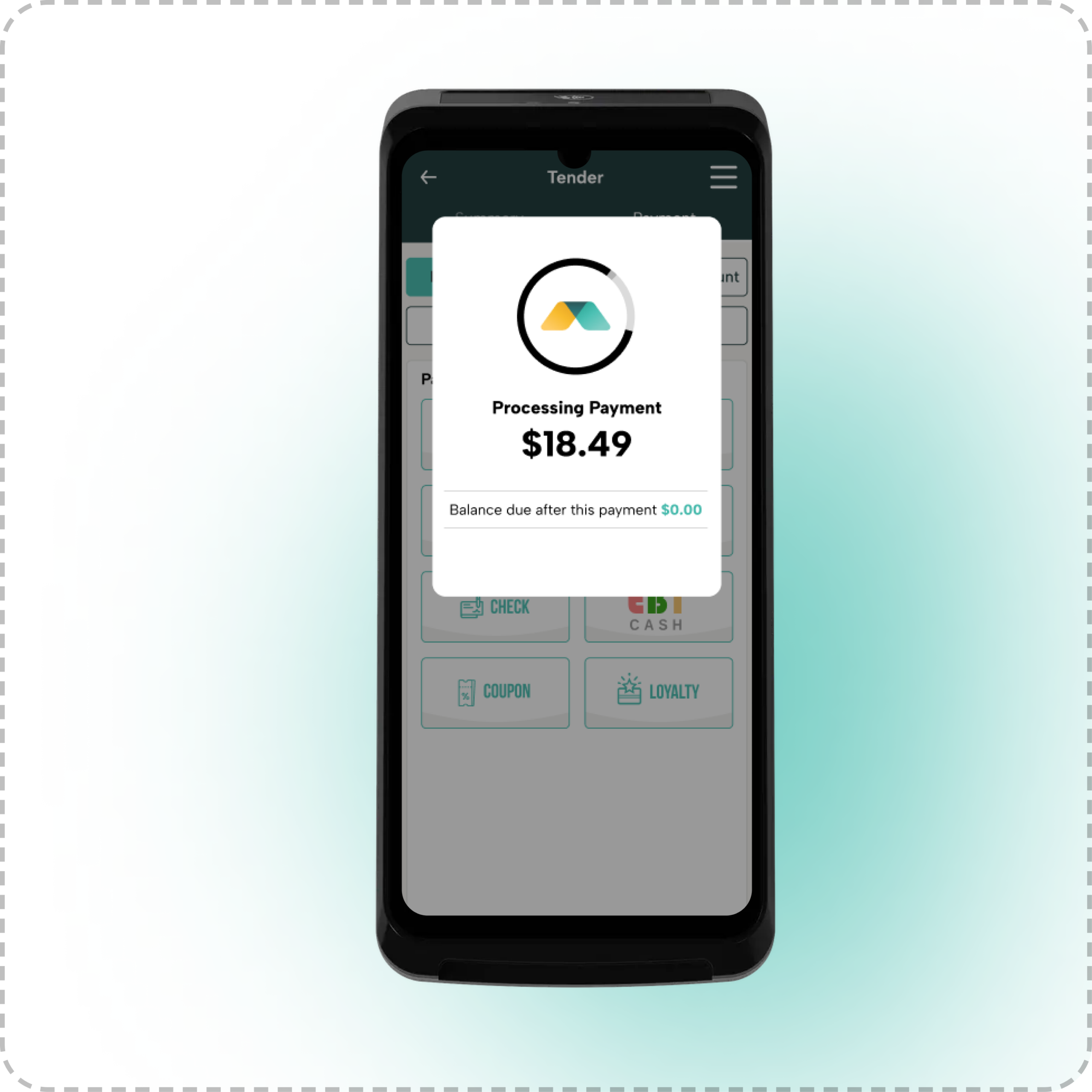 Modisoft Handheld Pro payment device displaying a payment processing notification for an $18.49 transaction.