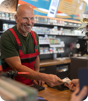 Customer payment transaction at a retail checkout counter using Modisoft payment processing technology.