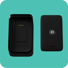 Modisoft Mini contactless payment reader displayed alongside a mobile device for payment processing
                                    and transaction management.