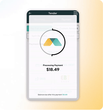 Mobile payment processing screen displaying a payment in progress with an $18.49 transaction amount.