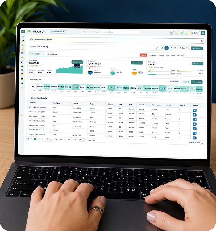 Modisoft back office dashboard displaying sales, inventory, and price book management data in real time.