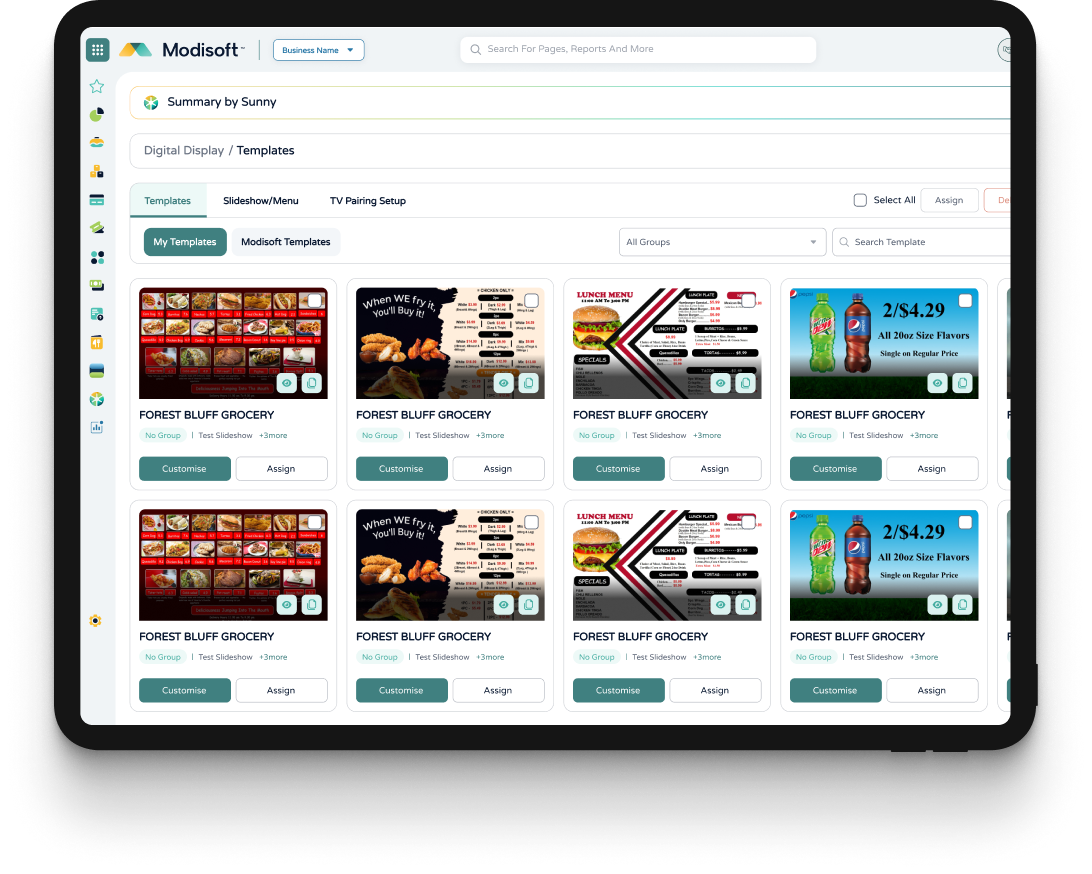 Modisoft back office dashboard showing a library of digital signage templates that can be customized and assigned across multiple store locations