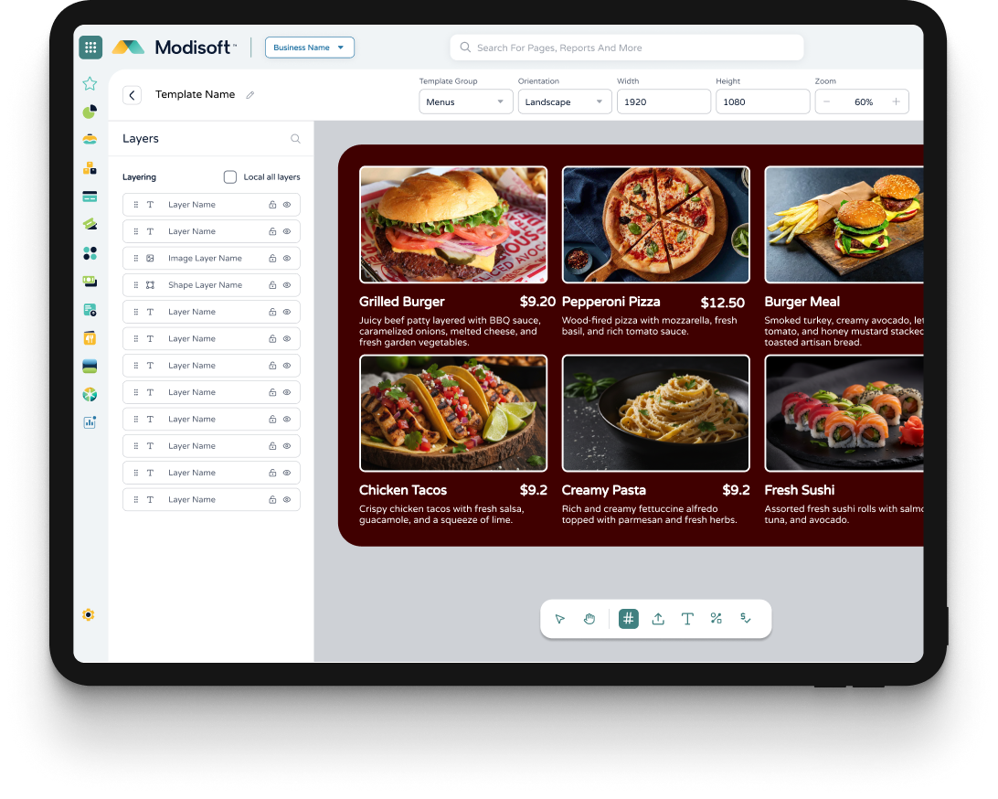Modisoft back office interface showing a drag-and-drop digital menu board editor with layers panel for customizing restaurant menu displays and pricing.