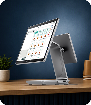 Modisoft M26 POS terminal displaying a touchscreen point of sale interface on a countertop.