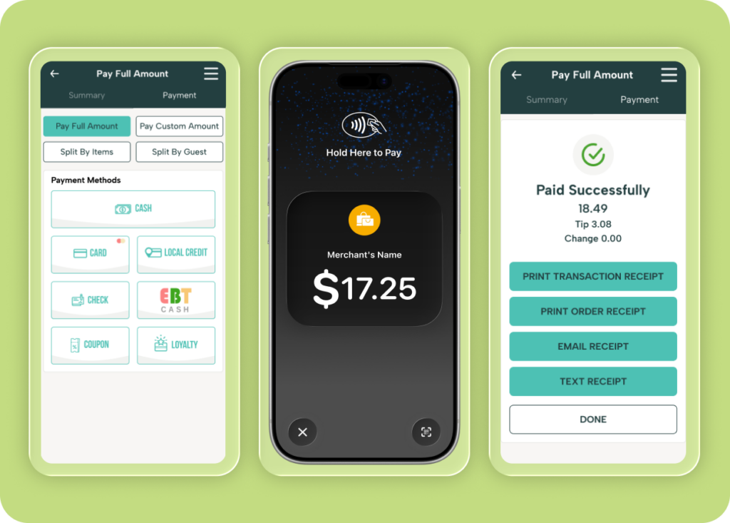 Modisoft mobile payment processing screens showing payment methods, tap-to-pay transactions, and digital receipt options.