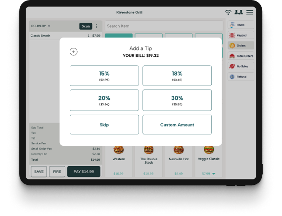 POS tip selection screen displaying percentage-based tipping options, custom tip entry, bill total, and payment controls during checkout.