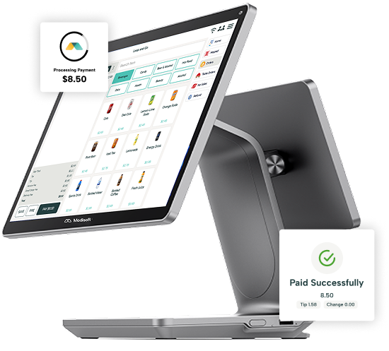 Retail POS counter station displaying a touchscreen point of sale interface with payment processing and transaction confirmation notifications.