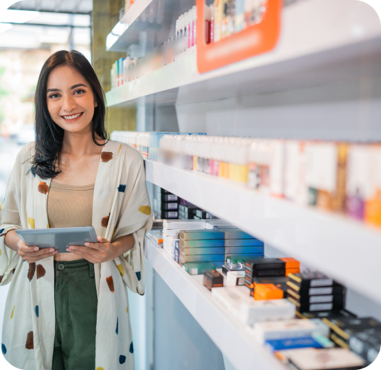 Person holding a tablet while standing beside retail shelves stocked with vape products and smoking accessories.