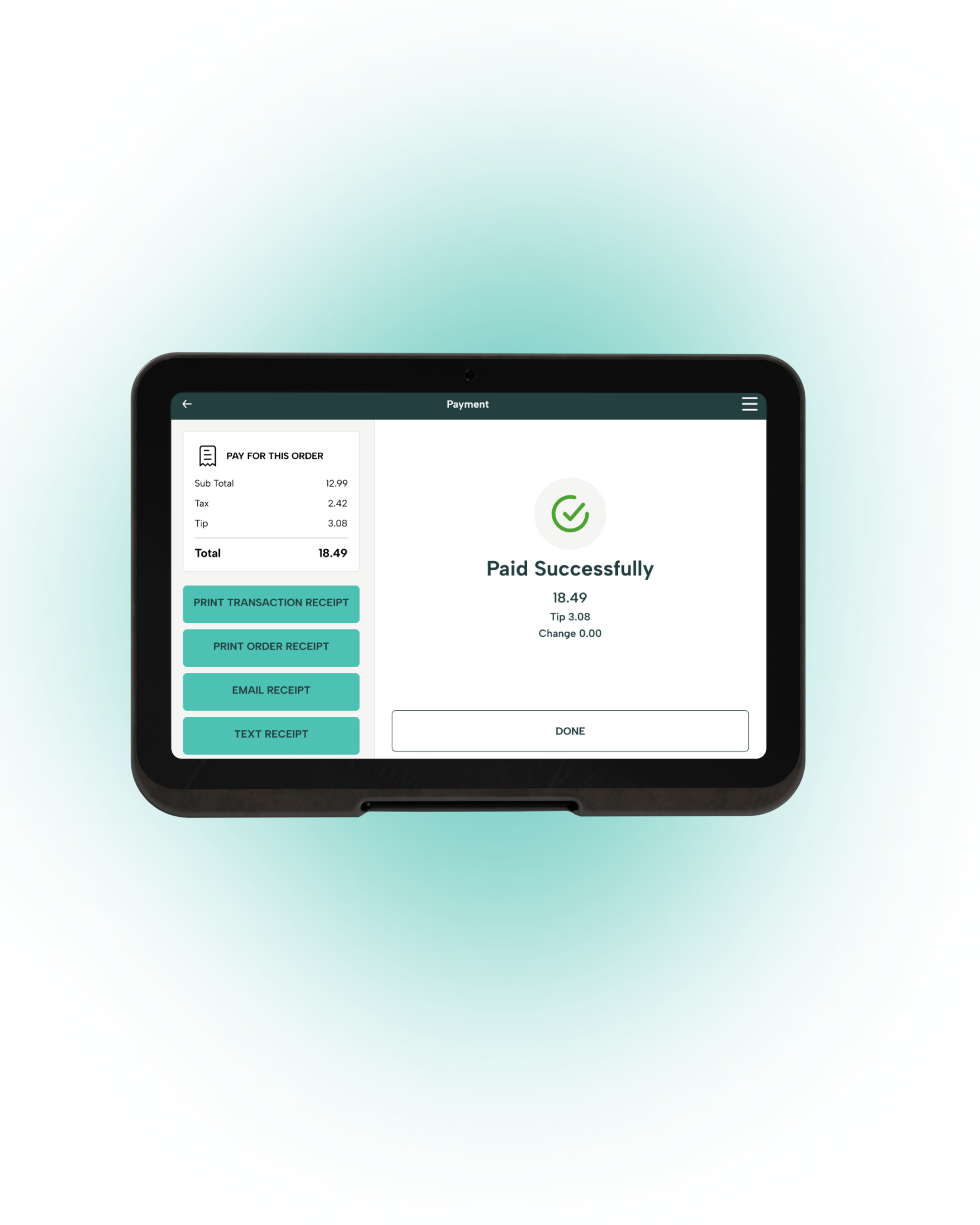 Modisoft Station terminal displaying a successful payment confirmation screen with transaction details and payment status.