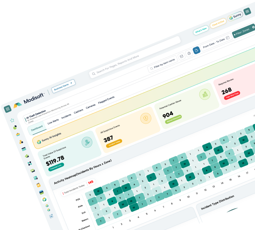 Theft Detection dashboard displaying risk alerts, loss prevention metrics, transaction monitoring, and operational anomaly tracking through visual analytics.
